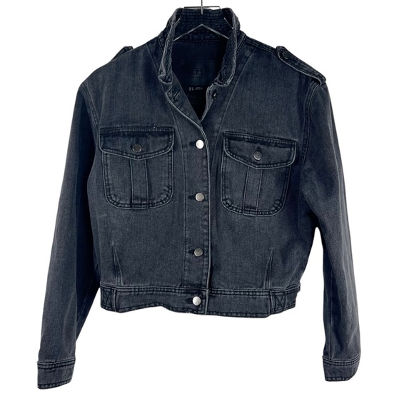 BBJ Los Angeles Women's Large Black Cropped Moto Button Down Denim Jacket - Picture 1 of 8